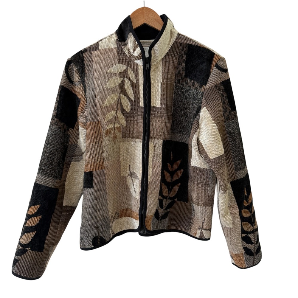 Coldwater Creek Tapestry Jacket Womens L Brown Leaf Patchwork Cottage Boho Artsy